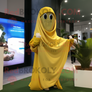 Gold Banana mascot costume character dressed with a Shift Dress and Shawls