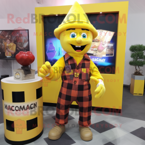 Yellow Magician mascot costume character dressed with a Flannel Shirt and Bracelets