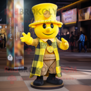 Yellow Magician mascot costume character dressed with a Flannel Shirt and Bracelets