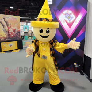 Yellow Magician mascot costume character dressed with a Flannel Shirt and Bracelets