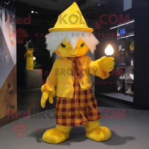 Yellow Magician mascot costume character dressed with a Flannel Shirt and Bracelets