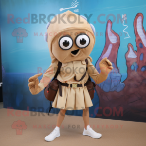 Tan Fried Calamari mascot costume character dressed with a Mini Skirt and Backpacks