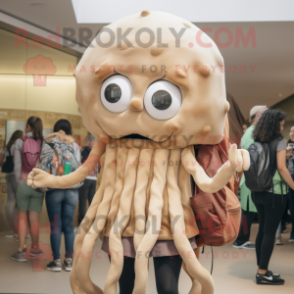 Tan Fried Calamari mascot costume character dressed with a Mini Skirt and Backpacks