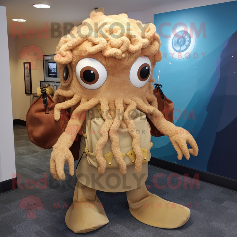 Tan Fried Calamari mascot costume character dressed with a Mini Skirt and Backpacks