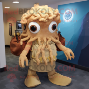 Tan Fried Calamari mascot costume character dressed with a Mini Skirt and Backpacks