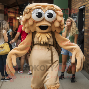 Tan Fried Calamari mascot costume character dressed with a Mini Skirt and Backpacks