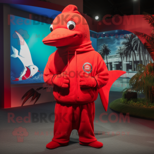 Red Swordfish mascot costume character dressed with a Hoodie and Earrings