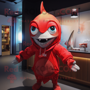 Red Swordfish mascot costume character dressed with a Hoodie and Earrings