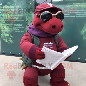 Maroon Ankylosaurus mascot costume character dressed with a Parka and Reading glasses