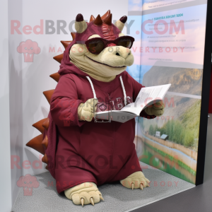 Maroon Ankylosaurus mascot costume character dressed with a Parka and Reading glasses