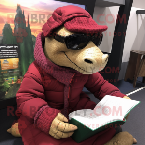 Maroon Ankylosaurus mascot costume character dressed with a Parka and Reading glasses