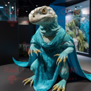 Turquoise Komodo Dragon mascot costume character dressed with a A-Line Dress and Wraps