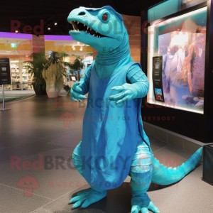 Turquoise Komodo Dragon mascot costume character dressed with a A-Line Dress and Wraps