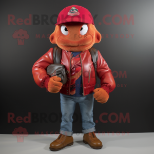 Red Ceviche mascot costume character dressed with a Leather Jacket and Backpacks