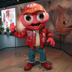 Red Ceviche mascot costume character dressed with a Leather Jacket and Backpacks