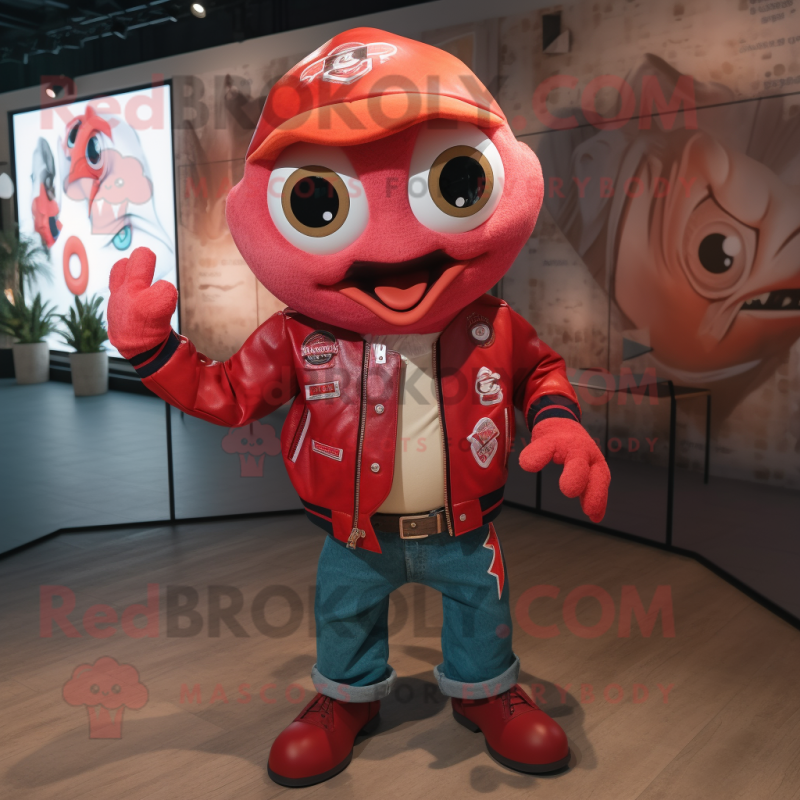Red Ceviche mascot costume character dressed with a Leather Jacket and Backpacks Red Ceviche mascot costume character dressed with a Leather Jacket and Backpacks