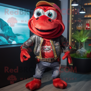Red Ceviche mascot costume character dressed with a Leather Jacket and Backpacks