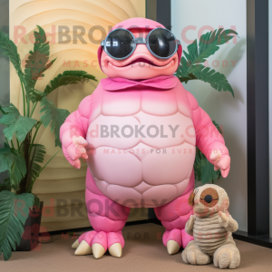 Pink Glyptodon mascot costume character dressed with a Romper and Sunglasses
