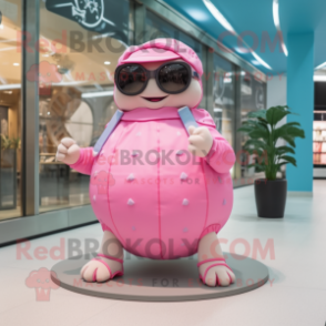 Pink Glyptodon mascot costume character dressed with a Romper and Sunglasses