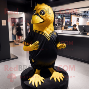 Gold Blackbird mascot costume character dressed with a V-Neck Tee and Hair clips