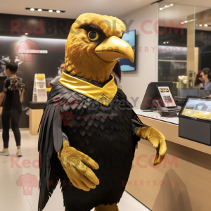 Gold Blackbird mascot costume character dressed with a V-Neck Tee and Hair clips