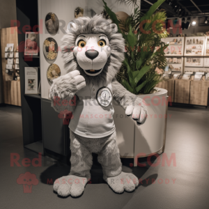 Gray Lion mascot costume character dressed with a Playsuit and Brooches