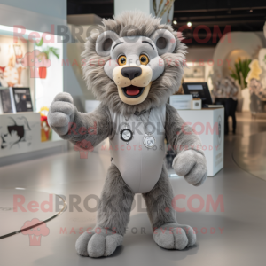 Gray Lion mascot costume character dressed with a Playsuit and Brooches