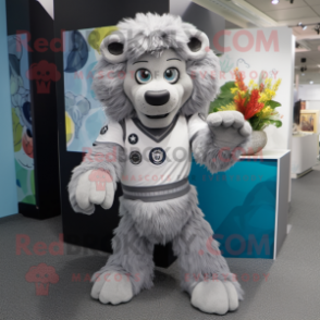 Gray Lion mascot costume character dressed with a Playsuit and Brooches