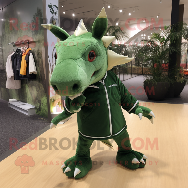 Forest Green Triceratops mascot costume character dressed with a Culottes and Shoe laces