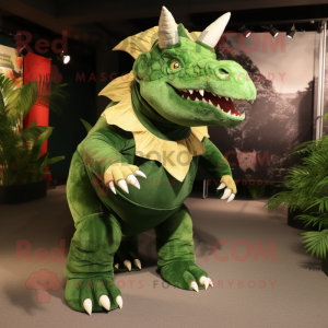 Forest Green Triceratops mascot costume character dressed with a Culottes and Shoe laces