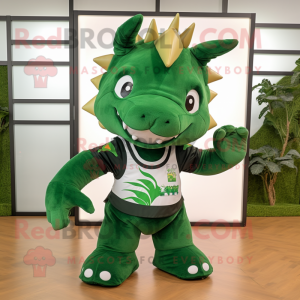 Forest Green Triceratops mascot costume character dressed with a Culottes and Shoe laces