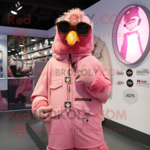 Pink Crow mascot costume character dressed with a Parka and Rings