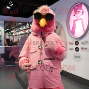 Pink Crow mascot costume character dressed with a Parka and Rings