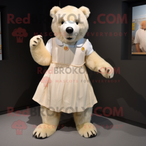 Cream Spectacled Bear mascot costume character dressed with a Mini Skirt and Shoe clips