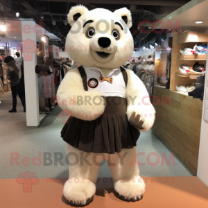 Cream Spectacled Bear mascot costume character dressed with a Mini Skirt and Shoe clips