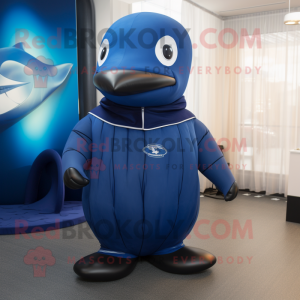 Navy Blue Whale mascot costume character dressed with a Turtleneck and Foot pads