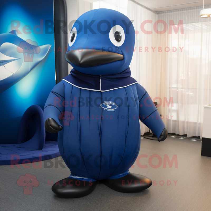 Navy Blue Whale mascot costume character dressed with a Turtleneck and Foot pads Navy Blue Whale mascot costume character dressed with a Turtleneck and Foot pads