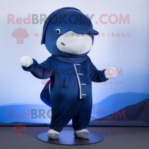 Navy Blue Whale mascot costume character dressed with a Turtleneck and Foot pads