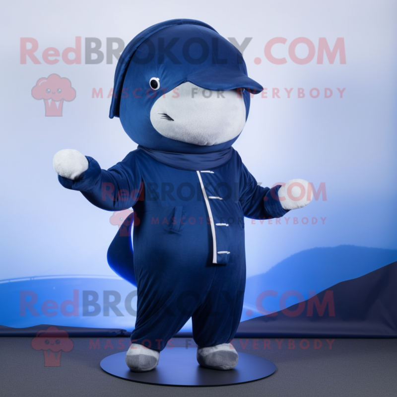 Navy Blue Whale mascot costume character dressed with a Turtleneck and Foot pads Navy Blue Whale mascot costume character dressed with a Turtleneck and Foot pads