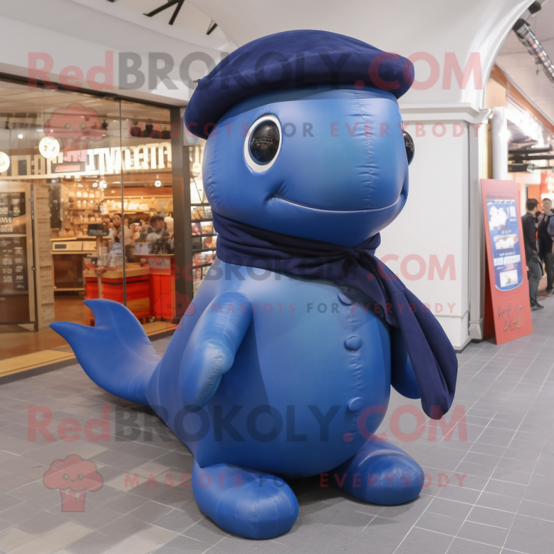 Navy Blue Whale mascot costume character dressed with a Turtleneck and Foot pads