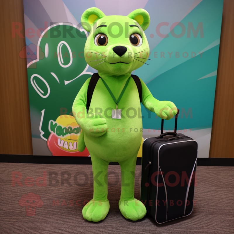 Lime Green Jaguarundi mascot costume character dressed with a Sweater and Briefcases Lime Green Jaguarundi mascot costume character dressed with a Sweater and Briefcases