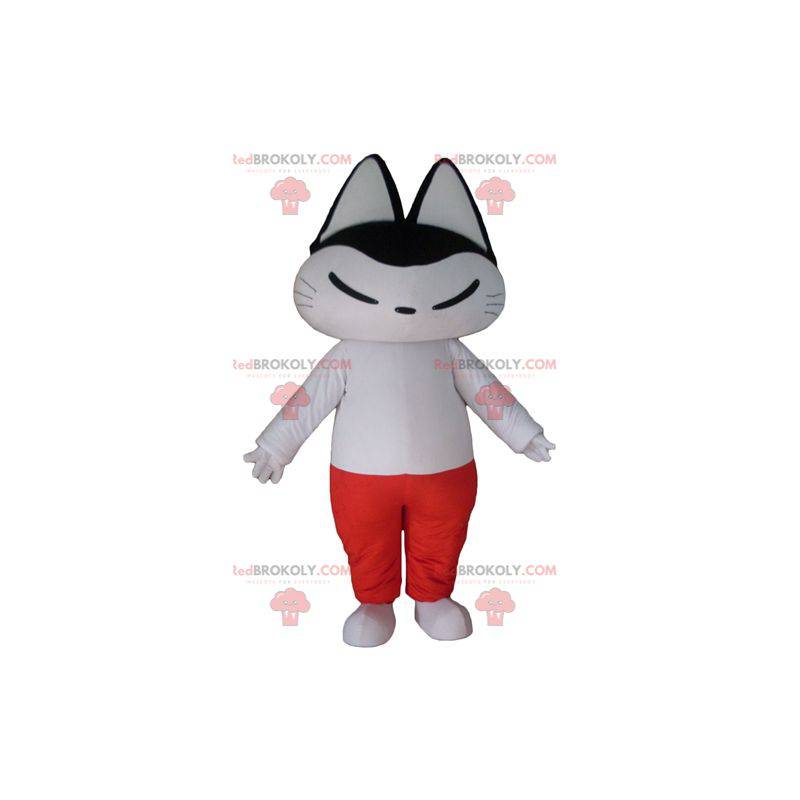 Black and white cat mascot in white and red outfit -