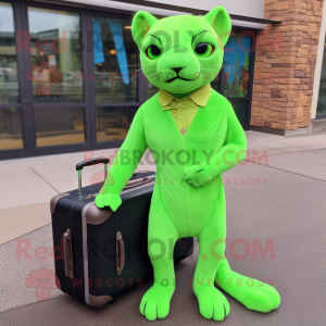 Lime Green Jaguarundi mascot costume character dressed with a Sweater and Briefcases