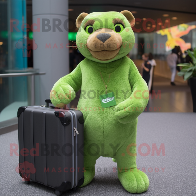 Lime Green Jaguarundi mascot costume character dressed with a Sweater and Briefcases Lime Green Jaguarundi mascot costume character dressed with a Sweater and Briefcases