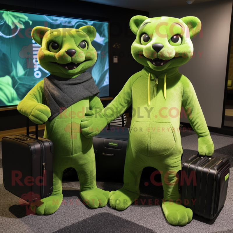 Lime Green Jaguarundi mascot costume character dressed with a Sweater and Briefcases Lime Green Jaguarundi mascot costume character dressed with a Sweater and Briefcases