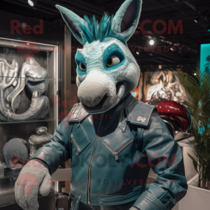 Teal Donkey mascot costume character dressed with a Moto Jacket and Clutch bags