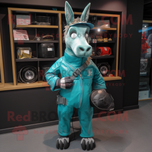 Teal Donkey mascot costume character dressed with a Moto Jacket and Clutch bags