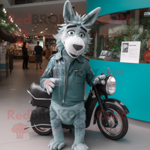 Teal Donkey mascot costume character dressed with a Moto Jacket and Clutch bags