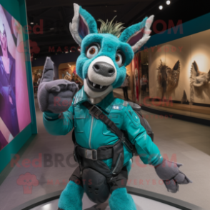 Teal Donkey mascot costume character dressed with a Moto Jacket and Clutch bags