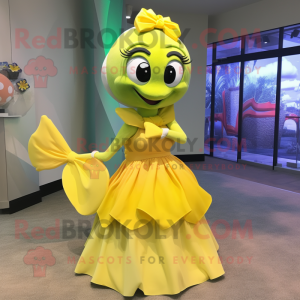 Lemon Yellow Mermaid mascot costume character dressed with a Ball Gown and Bow ties